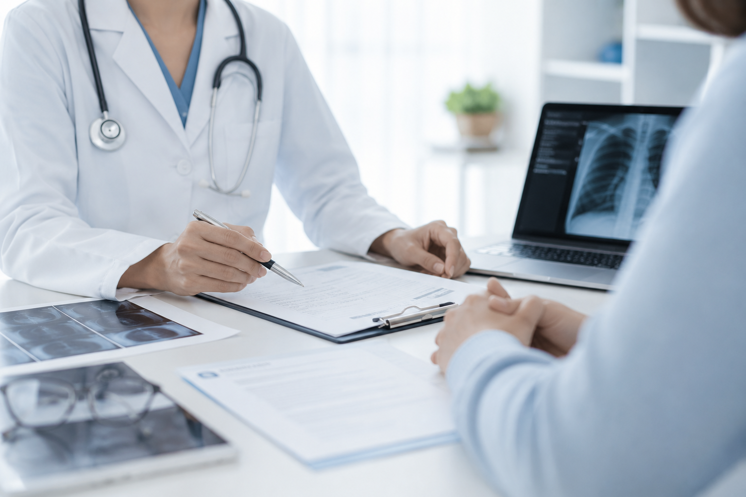 Estetoscópio e formulário médico sobre mesa clínica