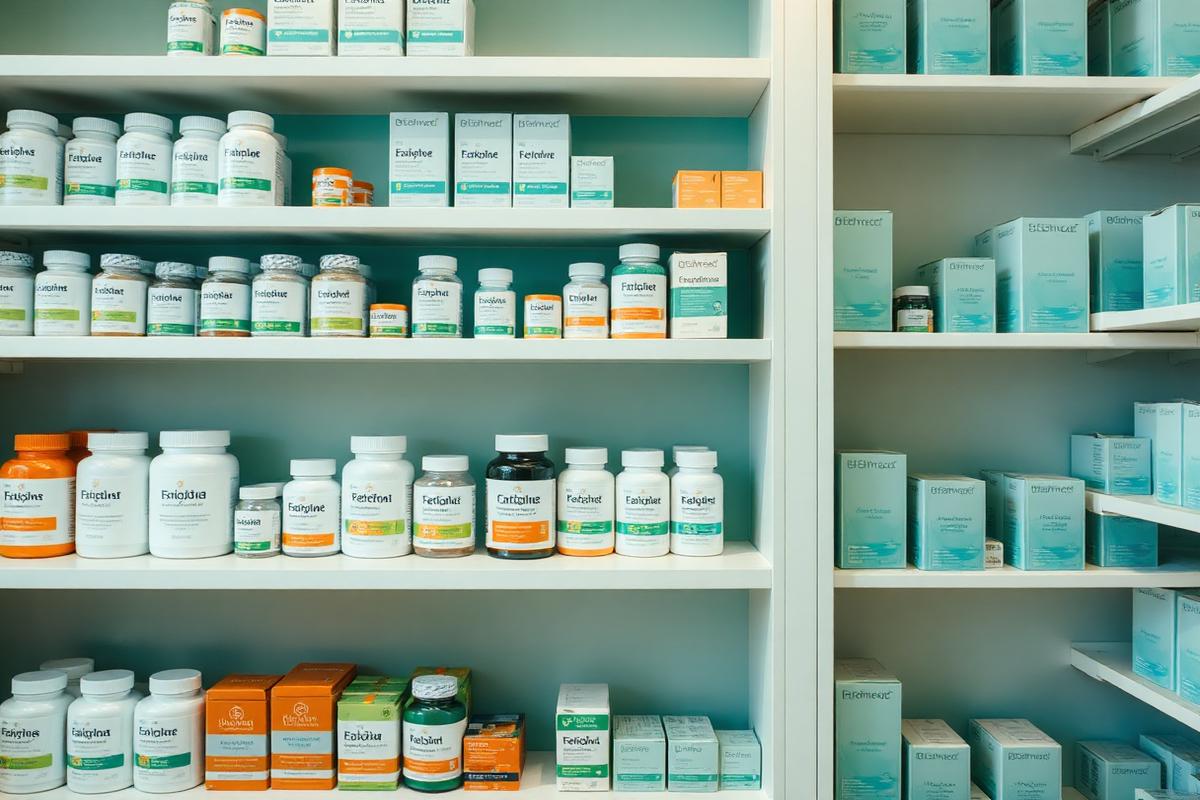 Prateleiras de farmácia com suplementos e medicamentos